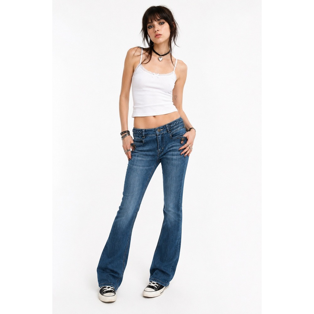 VTG Y2K Cache Flare Jeans Women 0 Blue Low Rise‎ Braided Waist Denim Indie Boho